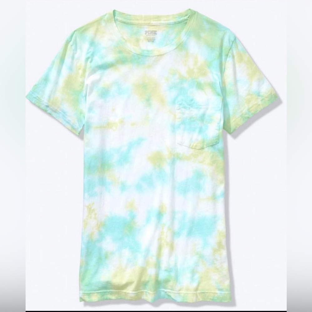 New VICTORIA'S SECRET PINK CAMPUS CREW TEE SHIRT/BLUE GREEN TIE DYE GRAPHIC B